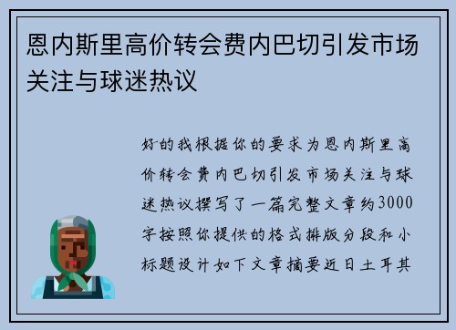 恩内斯里高价转会费内巴切引发市场关注与球迷热议