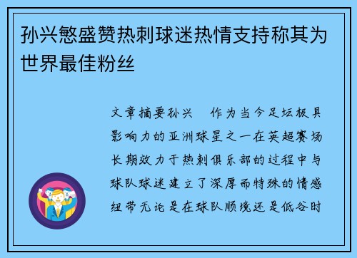 孙兴慜盛赞热刺球迷热情支持称其为世界最佳粉丝